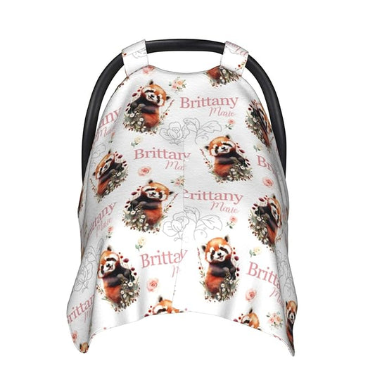 Personalized Baby Car Seat Canopy for Babies, Custom Name Baby Car Seats Covers for Girls, Opening Minky Nursing Breastfeeding Cover for Infant, Carseat Canopies for Newborn (Red Panda Bear)