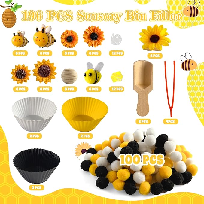 196Pcs Sensory Bin Filler, Fine Motor Toys Bee Themed Sensory Bin Items Counting Sorting Toy Colorful Pom Poms Cup Bee Honeycomb Wooden Scoop for Preschool Education Activities