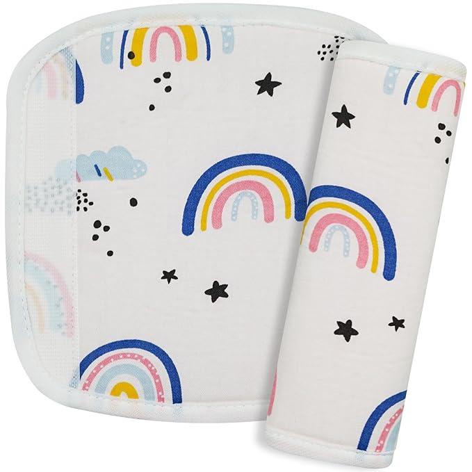 2Pcs Baby Car Seat Neck Cover for Kids, Children Seat Belt Cushion Cute Cartoon Pattern, Comfortable Soft Belt Pads Cover Neck Support Travelling (Pink Rainbow)