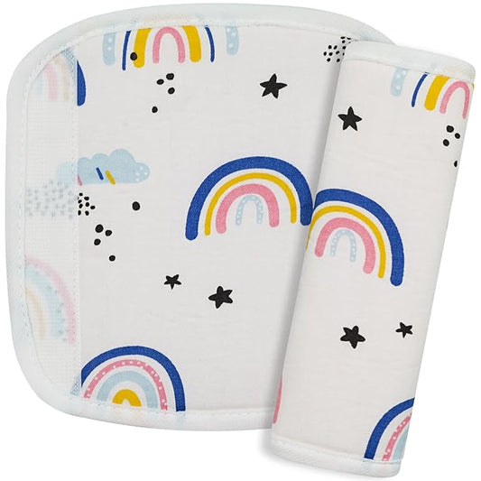 2Pcs Baby Car Seat Neck Cover for Kids, Children Seat Belt Cushion Cute Cartoon Pattern, Comfortable Soft Belt Pads Cover Neck Support Travelling (Pink Rainbow)