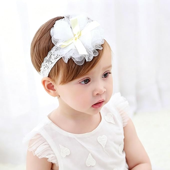 Baby Girls Hairband White Bow Lace Headbands Handmade Soft Stretchy Wide Head Band Newborn Hairbands with Bows Pearls Elastic Headband for Infant Hair Accessories（Ribbon Big Flower）