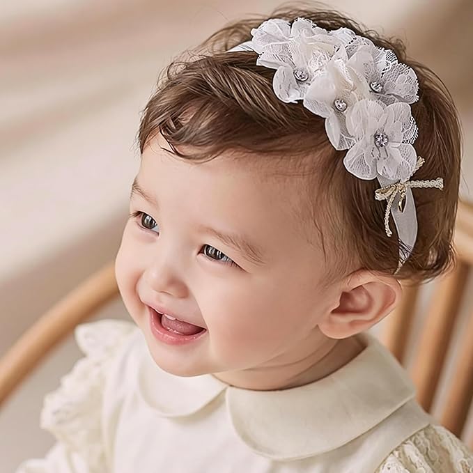 Baby Girls Hairband White Bow Lace Headbands Handmade Soft Stretchy Wide Head Band Newborn Hairbands with Bows Pearls Elastic Headband for Infant Hair Accessories（White Lace Flower）
