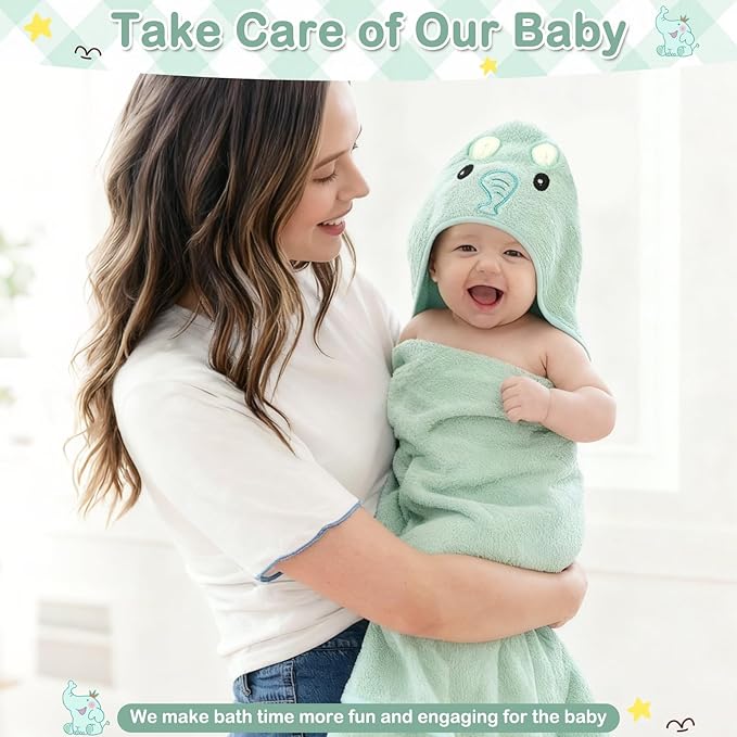 Sublaga 4 PCS Baby Towel Set, Hooded Bath Towel for Infants, Toddlers and Kids, Soft Animal Baby Bath Towels & 3 PCS Washcloths, 32x32 in Hooded Baby Bath Towel for Boy and Girl (Green Elephant)