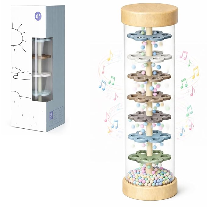 Rain Stick Baby Toy, Montessori Baby Toys for 6–12 Months & 1 Year Old, Wooden Sensory Baby Rattle with Rainmaker Sound, Gentle Shake Volume Control & Extended Play Time – Infant Musical Toy