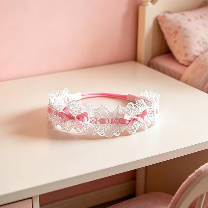 Baby Girls Hairbands Bow Lace Headband Handmade Soft Stretchy Pink Bowknot Hairbands Newborn Hairband with Bows Elastic Hair Bands for Kids Infant(Lace Pink Bow