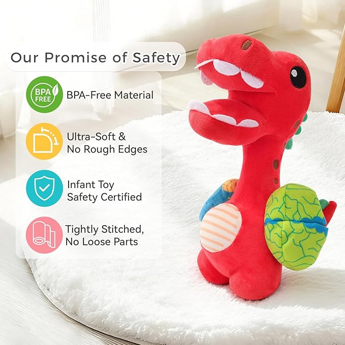 Baby Toy 0-12 Months - BPA-Free Soft Plush Sensory Toy with Gentle Squeaker, Safe Hand Grip & Teething Relief, Portable Newborn Toy for Diaper Bag, Baby Shower Gift (Red Dinosaur)