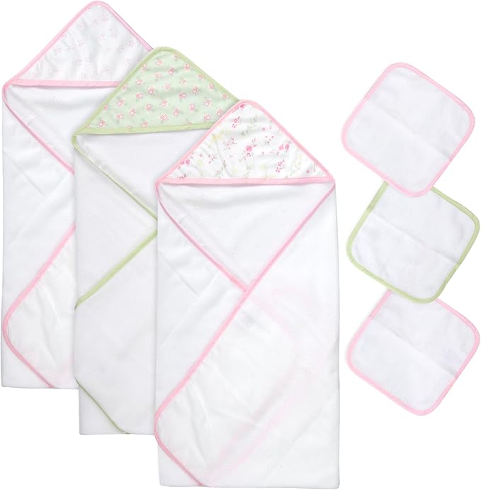 Jessica Simpson Baby 6-Piece Hooded Towel & Washcloth Set – Soft Polyester Baby Bath Towels – Pink & Green Floral Design