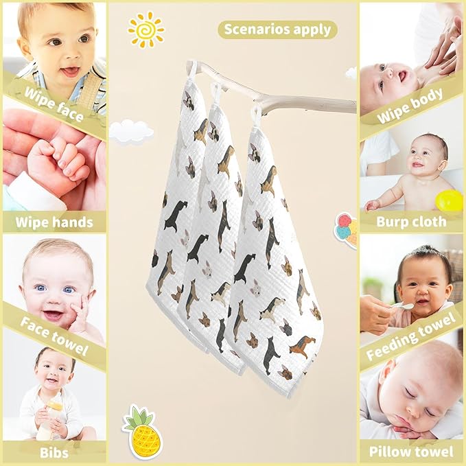 vvfelixl Baby Muslin Washcloths Cute German Shepherd Dog Baby Burp Cloths Cotton Baby Face Towel for Newborn Infants Boys Girls Soft and Absorbent 11.8 X 11.8 in, 3 Pack
