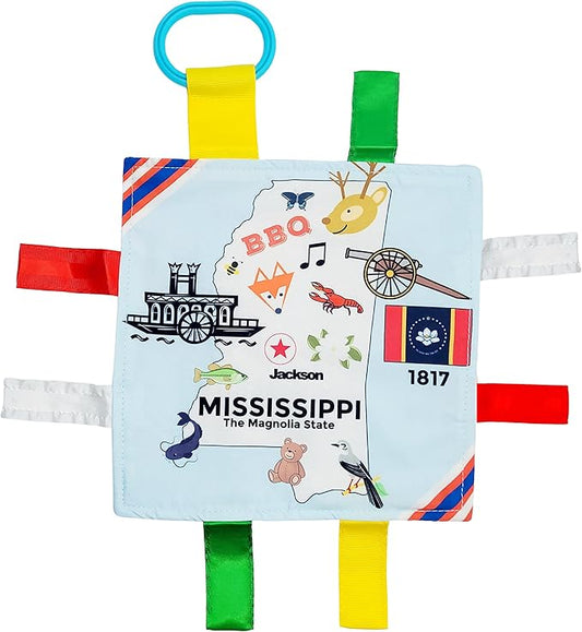 Baby Jack & Co 8x8” Learning Lovey Mississippi State Tag Stroller Toy for Babies - Crinkle Toys for Developing Five Senses - Learn About Capitals - Travel with Baby Jack - BPA Free Clip