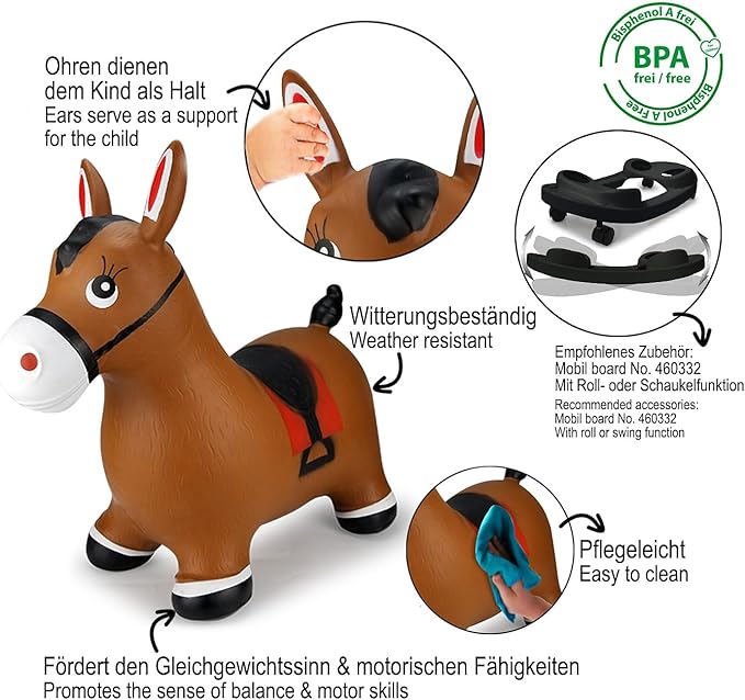 JAMARA 460597 Bouncy Horse with Pump-up to 50 kg, Promotes Balance and Motor Skills, Robust and Durable, Easy to Clean, Brown