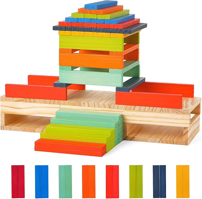 Hayder Classic Wooden Building Blocks Set, 100PCS Solid Wood Blocks in 9 Colors Stacking Educational Toy Set for Kids
