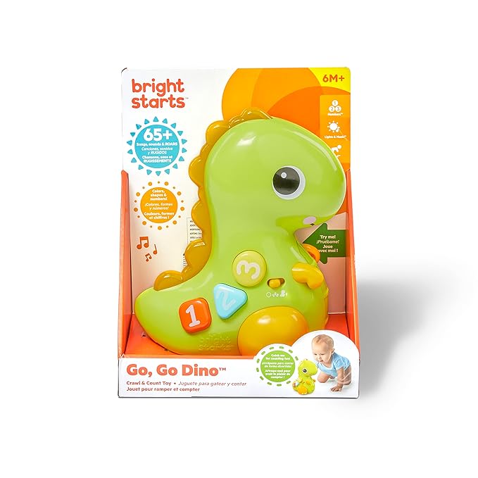 Bright Starts Go, Go, Dino Crawl & Count Activity Toy for Infants - Rolls, Lights Up, Plays Music and More, Ages 6 Months+