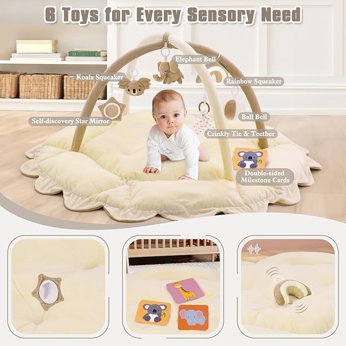 5-in-1 Plush Baby Play Gym, Activity Mat with Convertible Gym, Baby Gym 6 Sensory Toys, Play Center for Newborn to Toddler, Cream