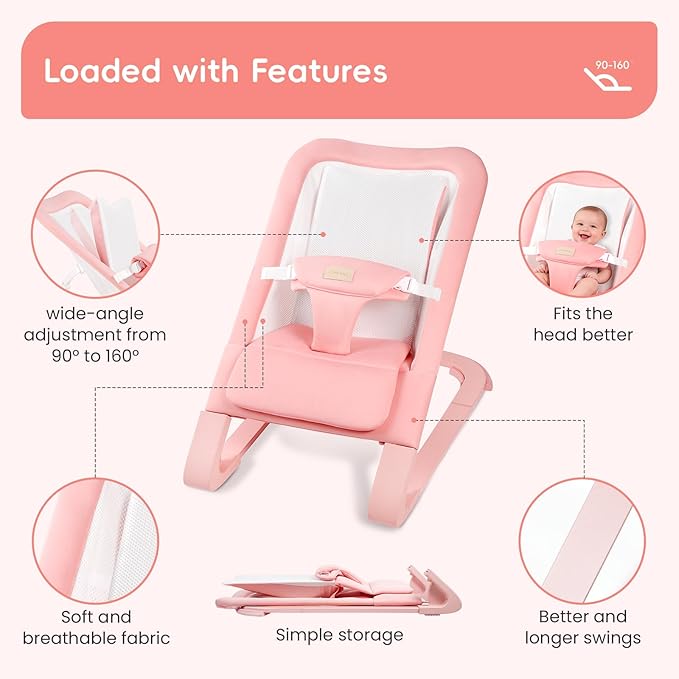 Baby Bouncer for Newborns 0-12 Months: 0-5 Years Portable Infant Girl Bouncer Seat Chair in Pink with Adjustable Recline & 3-Point Harness, Supports Up to 60 lbs