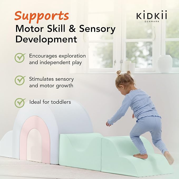 Kidkii Rainbow Play Set 7-Piece Foam Climbing & Motor Skill Play Kit, Indoor Activity Play System Set with Climbable Shapes for Toddlers, Pastel Mix