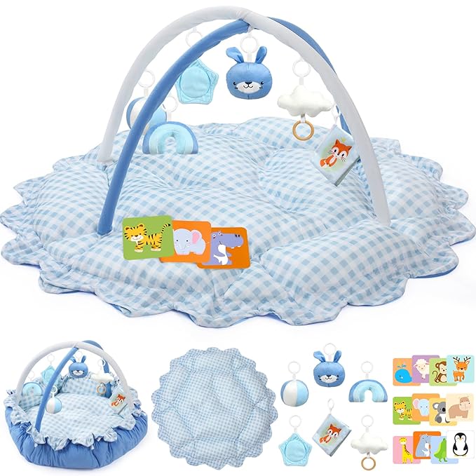 5-in-1 Baby Gym Play Mat with Cartoon Pattern, Extra Thick Plush Tummy Time Activity Gym with Hanging Toys, Sensory Development & Motor Skills Training Floor Mat, Blue