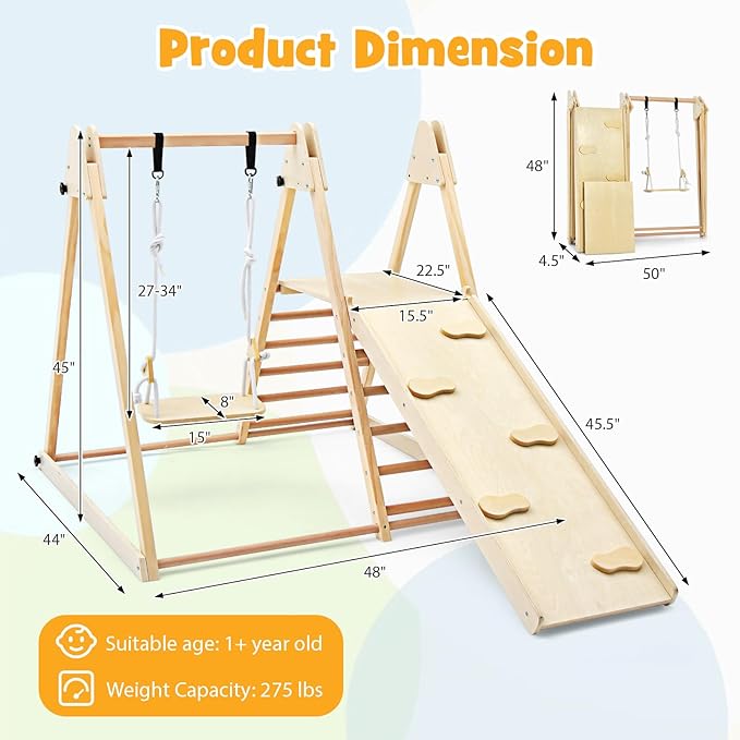 HONEY JOY Kids Indoor Jungle Gym, Large 5-in-1 Playground Climber Playset with Baby Swing, Slide Ramp, Ladder & Climbing Wall, Foldable Wooden Montessori Waldorf Play Gym, Climbing Toys for Toddlers
