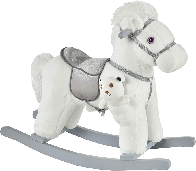 Qaba Kids Plush Ride-On Rocking Horse with Bear Toy, Children Chair with Soft Plush Toy & Fun Realistic Sounds, White