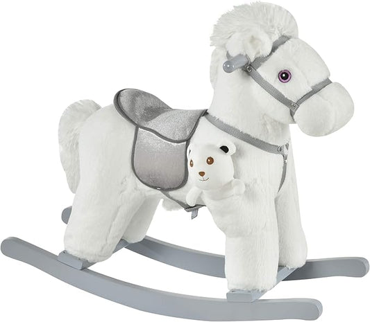 Qaba Kids Plush Ride-On Rocking Horse with Bear Toy, Children Chair with Soft Plush Toy & Fun Realistic Sounds, White