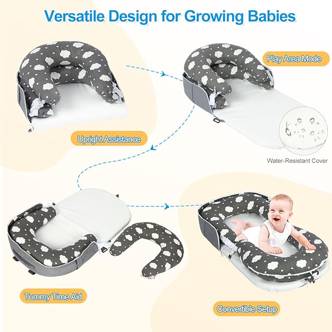 Portable Baby Lounger & Tummy Time with Zip-Up Carry Bag, Infant Support Cushion for Newborns to Toddlers (Cloud)