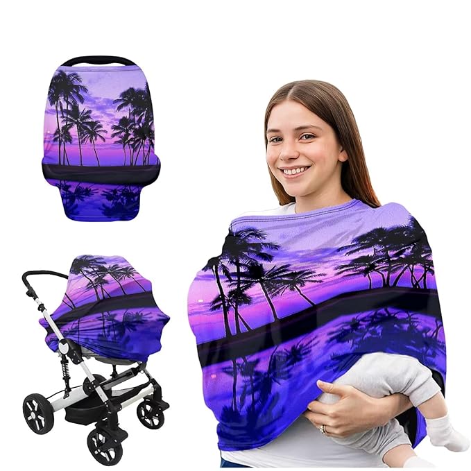 Purple Car Seat Covers for Babies,Multi-Purpose Palm Tree Hawaiian Privacy Nursing Covers & Breastfeeding Scarf Baby Shower Gifts for Mom Unverisal Fit