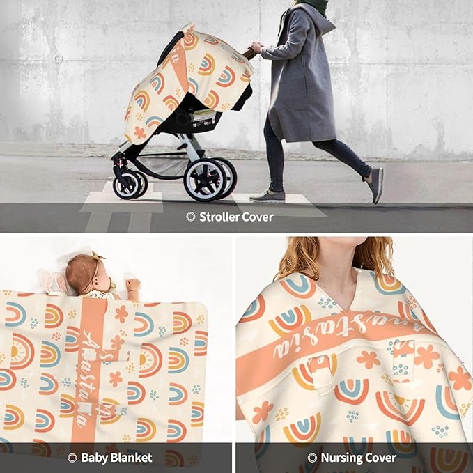 Personalized Rainbow Baby Car Seat Canopy with Name – Custom Nursing Cover, Stroller Seat Cover, Breastfeeding Privacy Blanket, Soft Breathable Infant Cover for Newborn Boy Girl Gift