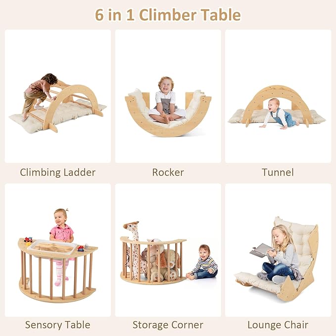 INFANS Wooden Arch Climber Rocker with Soft Cushion, 6 in 1 Montessori Climbing Toys for Toddlers, Waldorf Indoor Table Baby Children Ladder Gym Learning Playset Gift for Kids Boys Girls (Natural)