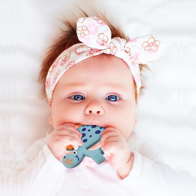 Bebe Mondo Dinosaur Baby Teething Toys 3–6 6–12 Months, Teethers for Babies 0–3–6–12 Months for Teething Relief, Baby Gift, Baby Teether Toys, Silicone Sensory Infant Toys, Soft-Textured- Turquoise