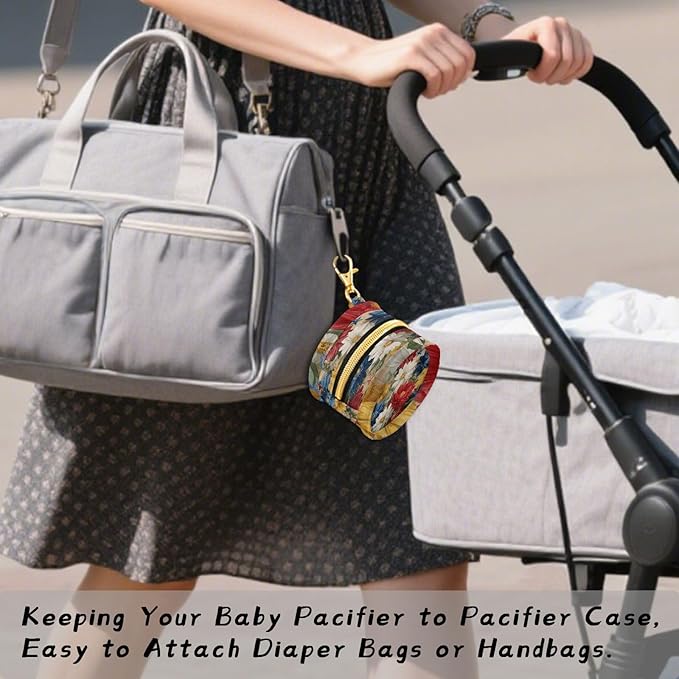 Pacifier Holder with Clip Pacifier Case for Diaper Bag Round Baby Pacifier Pouch Box Bag Portable July 4th Patriotic Colorful Flowers