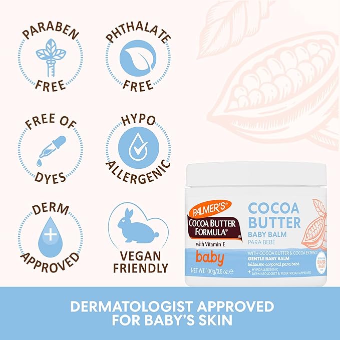 Palmer's Baby Balm, Cocoa Butter Formula Hydrating Baby Cream, 3.5 Oz, Nourishing Dry Skin, Eczema, Cradle Cap & Diaper Rash Cream, Hypoallergenic, 48Hr Moisture, Dermatologist Tested Essentials