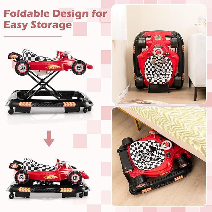 BABY JOY 4-in-1 Baby Walker, Foldable Activity Walker with Adjustable Height, Music & Lights, Anti-Rollover, Toddler Push Walker, Baby Walker with Wheels for Boys Girls 6-14 Months (Red)