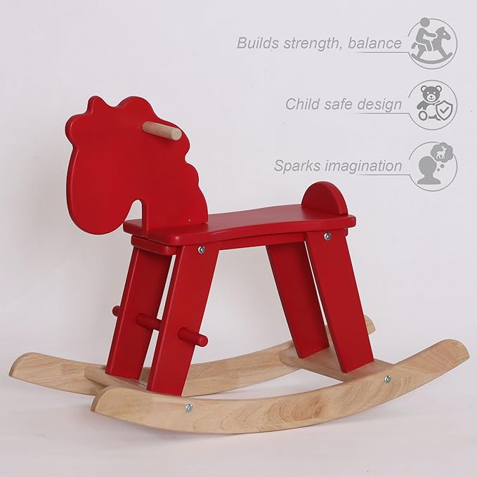 Red Wooden Rocking Horse for Preschool (Ages 3-6) - Solid Rubber Wood, Safe & Comfortable Footrest, Supports Physical & Cognitive Growth, Vintage
