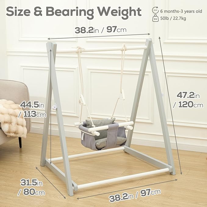 FUNLIO Montessori Wooden Swing Set for Toddlers 6-36 Months, Foldable Indoor Baby Swing Set of Durable Pine, Portable with 4 Sandbags &Extension Straps, Toddler Swing for Indoor/Outdoor-Gray