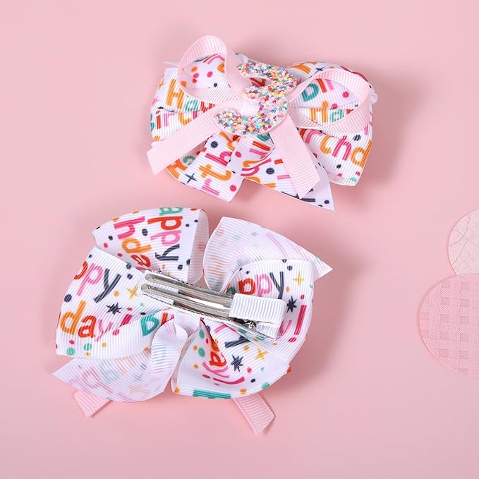 3.5" Glitter Happy Birthday Hair Bow Clips for Baby Girls 1-6 Ages Cute Pink Sprinkle Confetti Ice Cream Party Dress Pigtail Decoration Accessories Gift for Her 3rd Birthday