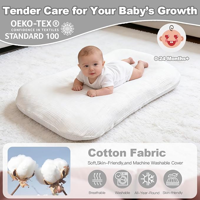 Infant Support Cushion - Baby Support Cushion for Newborn, 0-24 Months, Portable Tummy Time Mat for Home and Travel, Soft Cotton, Supervised Use, Baby Essentials Gift - White (Cover Included)