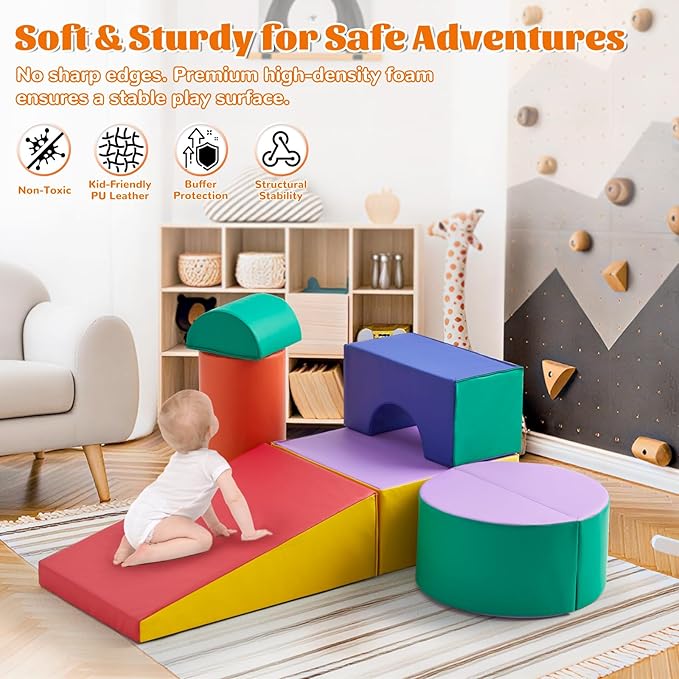 Toddler Climbing Toys Indoor, 5-Piece Foam Baby Climbing Blocks, Soft Play Climbing Set for 1-3 Years Old, Modular Crawling & Sliding Equipment, Waterproof Easy to Clean (red)
