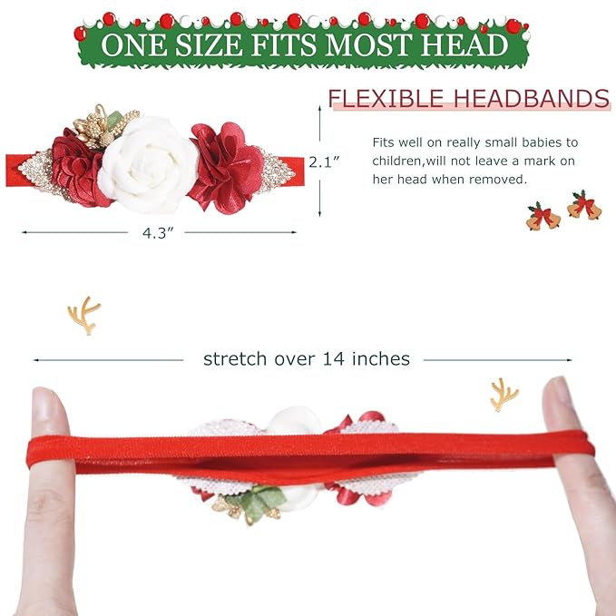 Baby Girl Flower Headbands for Christmas, 3pcs Elastic Nylon Floral Hair Band, Bows Wrap for Infant Newborn Toddler