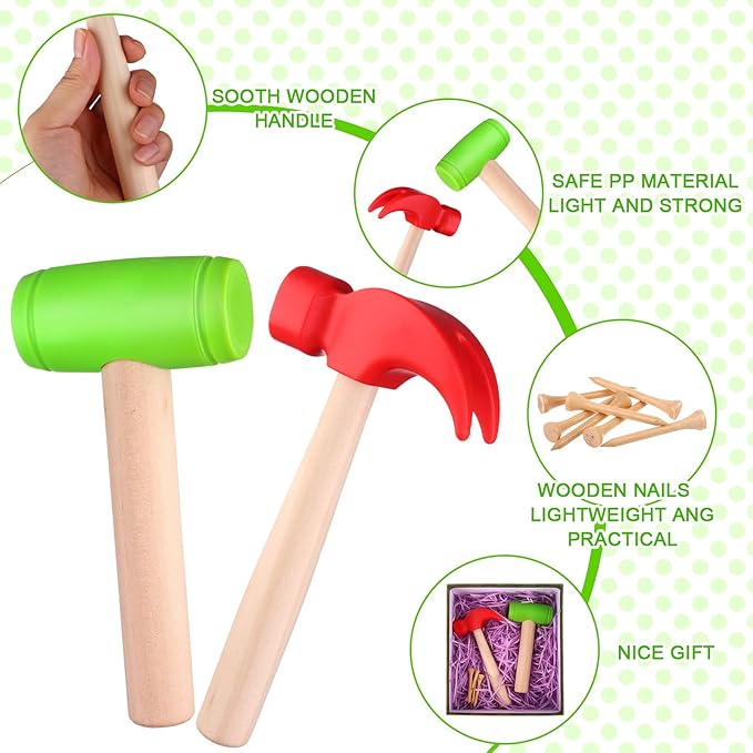10Pcs Toy Hammer Set With 100Pcs Small Wooden Simulation Fake Maintenance Tools, Plastic Toddler Claw Hammer, Portable Pretend Play Mallet for Boys Girls