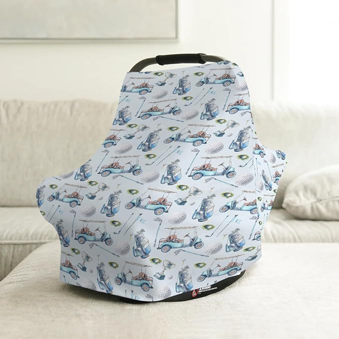 Baby Boy Girl 5-in-1 Car Cover Golf Gear Sport, Watercolor Blue Ball Glove Car Stick Multi-use Privacy Nursing Breastfeeding Cover, Carseat Canopy Newborn Infant Gift