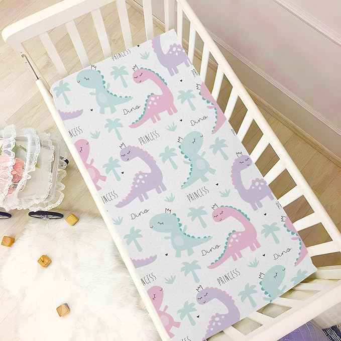 Fitted Crib Sheets Dinosaur Princess Pink Green Stretchy Portable Playard Sheets for Baby Toddler, Breathable Soft Mini Crib Mattress 39 x 27 in for Boys and Girls