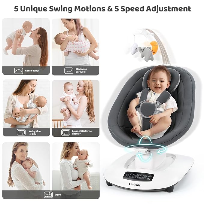 Ezebaby Electric Baby Swing for Infants with 5 Unique Motions, 5 Speeds, Lullabies, Bluetooth Enabled, Smart Baby Swings for Newborn with 5-Point Harness & Remote Control for 0-9 Months, Grey