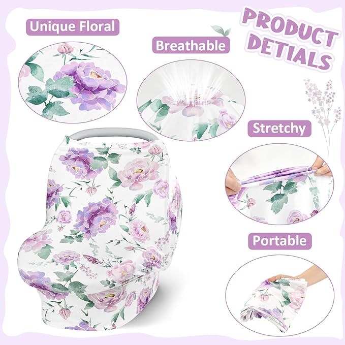 Baby Car Seat Cover Girls, Infant Carseat Canopy, Stretchy Multi- use Nursing Cover for Stroller/High Chair/Shopping Cart/Car Seat Canopies (Purple Floral)