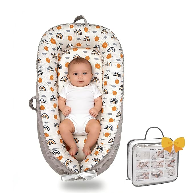 Baby Lounger-Breathable and Soft Organic 100% Cotton, Portable Infant Lounger with Removable Lounger Cover, Floor Lounger for Newborn - Ao Rainbow