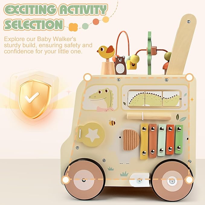 Pithfor Wooden Activity Cube Push Walker, Wooden Baby Walker, Montessori Toys for Babies 10-12 Months 1 2 3 Years Old Boys & Girls, Help Learning to Walk & Sit-to-Stand