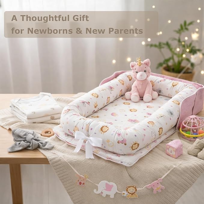 Baby Lounger for Tummy Time Portable,Baby Play mat with Strap,Newborn Lounger Inner Zipper for Boys Girls 0-24 Months,Animal World Pink