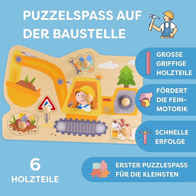 HABA Construction Site Gripping Puzzle - First Wooden Puzzle with Big Buttons - Recognize Excavator & Shovel - for Children from 12 Months - 2012171001