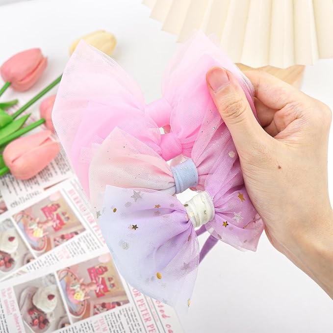 4 Pcs 4.5’’ Organza Lace Bow for Baby Girls Pink Headbands Mesh Glitter Hair Bows Baby Shower Gifts for Newborn Infant Toddler Girl