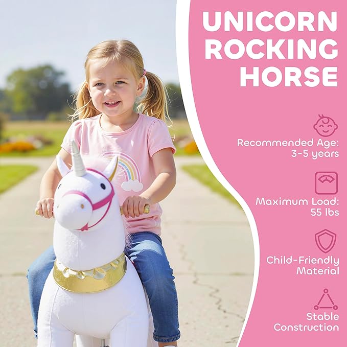Qaba Ride on Horse for Kids 3-5 Years, 29.5 Inch Height Plush Riding Unicorn, Walking Horse Animal with Rolling Wheels for Active Play, No Batteries Required, White
