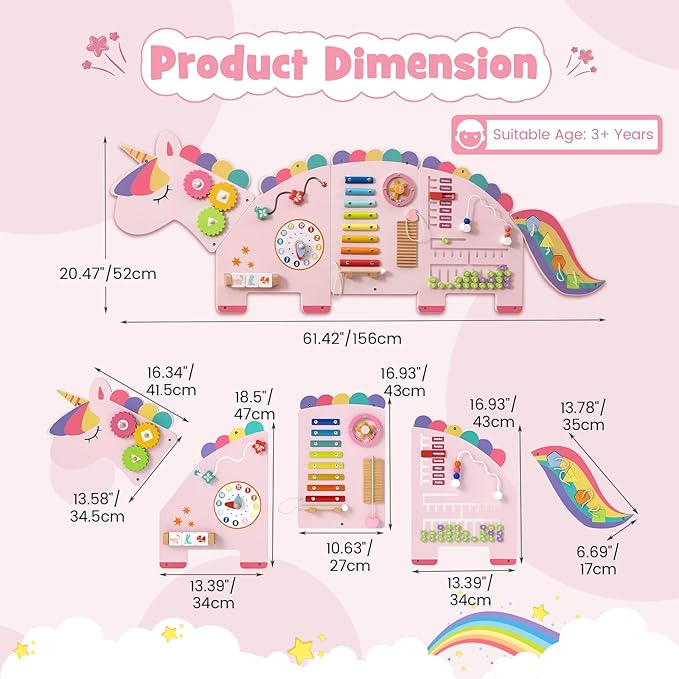 Olakids Sensory Wall, 11 in 1 Wooden Montessori Busy Board Panel Toddler Wall Mounted Activity Center Educational Toys Learning Gift for Boys Girls (Cherry Unicorn)