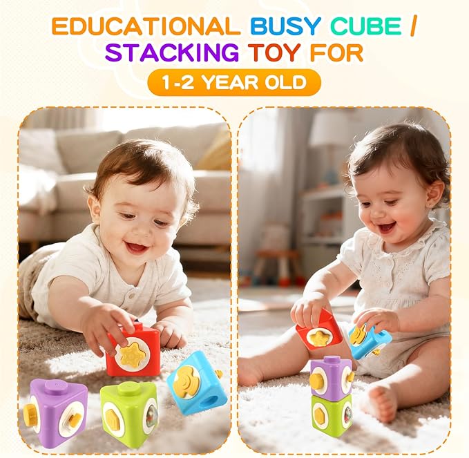 Montessori Activity Cube & Busy Board for 1 Year Old - 12-in-1 Travel Toys for Airplane & Car, Educational Activity Stacking & Sensory Toys for Toddlers 1-2, Easter Basket Stuffers for Toddler